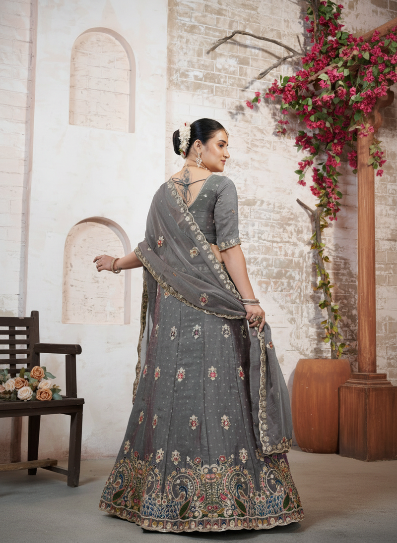 Grey Festive Moss Butti Lehenga Choli with Embroidery