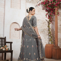 Grey Festive Moss Butti Lehenga Choli with Embroidery