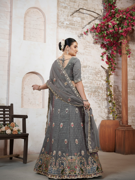 Grey Festive Moss Butti Lehenga Choli with Embroidery
