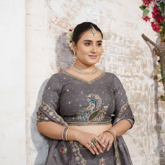 Grey Festive Moss Butti Lehenga Choli with Embroidery