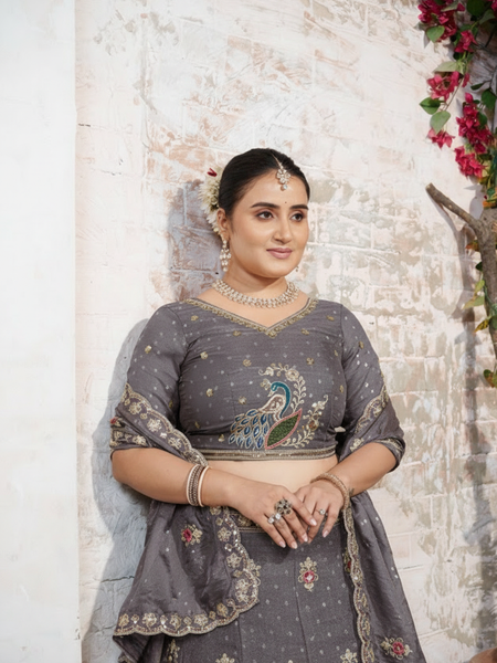 Grey Festive Moss Butti Lehenga Choli with Embroidery