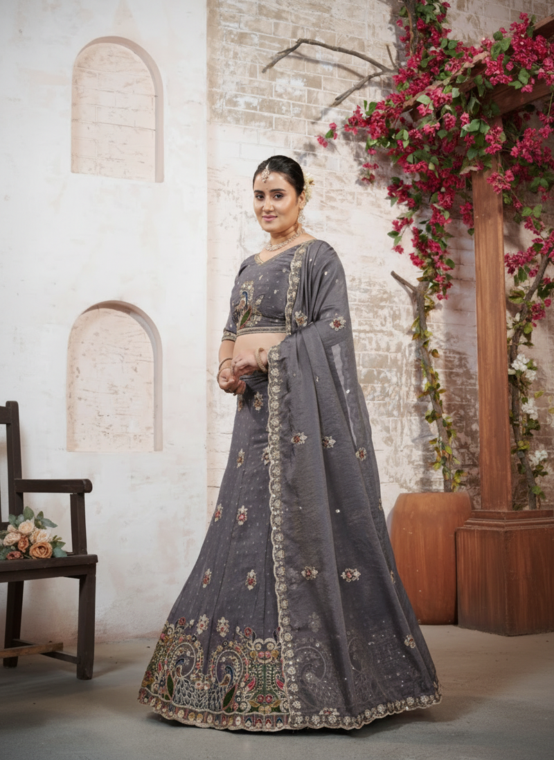 Grey Festive Moss Butti Lehenga Choli with Embroidery