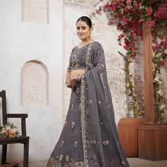 Grey Festive Moss Butti Lehenga Choli with Embroidery