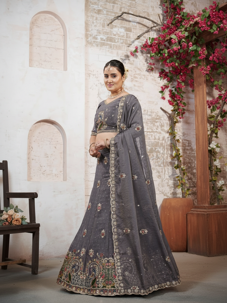 Grey Festive Moss Butti Lehenga Choli with Embroidery