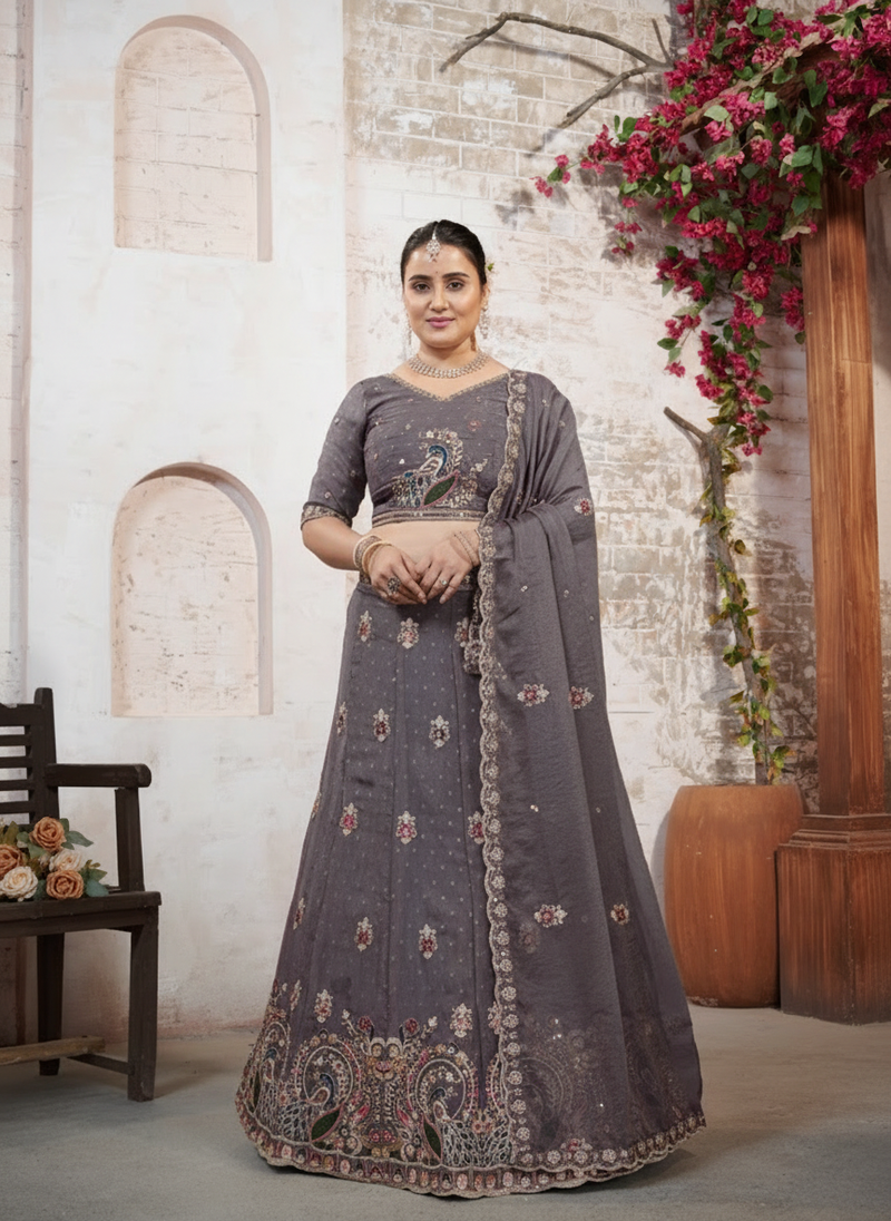 Grey Festive Moss Butti Lehenga Choli with Embroidery