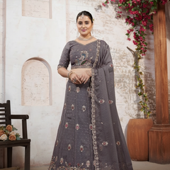 Grey Festive Moss Butti Lehenga Choli with Embroidery