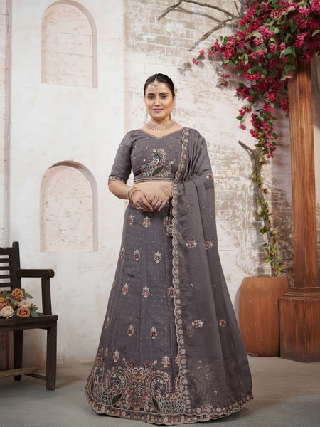 Grey Festive Moss Butti Lehenga Choli with Embroidery