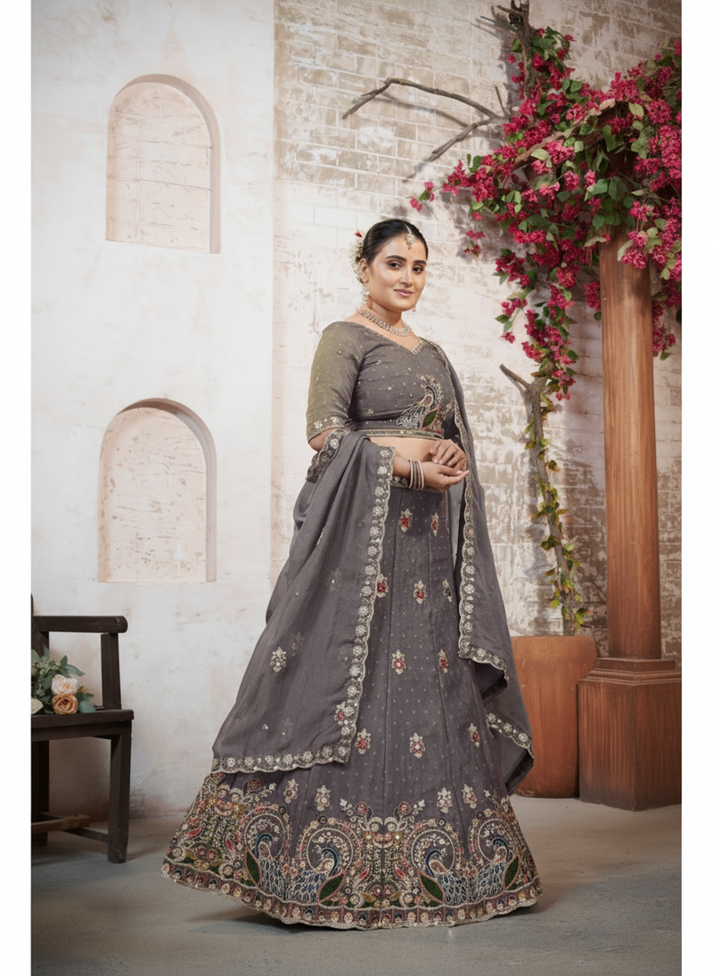 Grey Festive Moss Butti Lehenga Choli with Embroidery