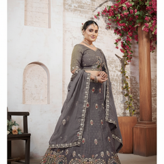 Grey Festive Moss Butti Lehenga Choli with Embroidery