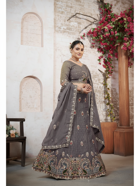 Grey Festive Moss Butti Lehenga Choli with Embroidery