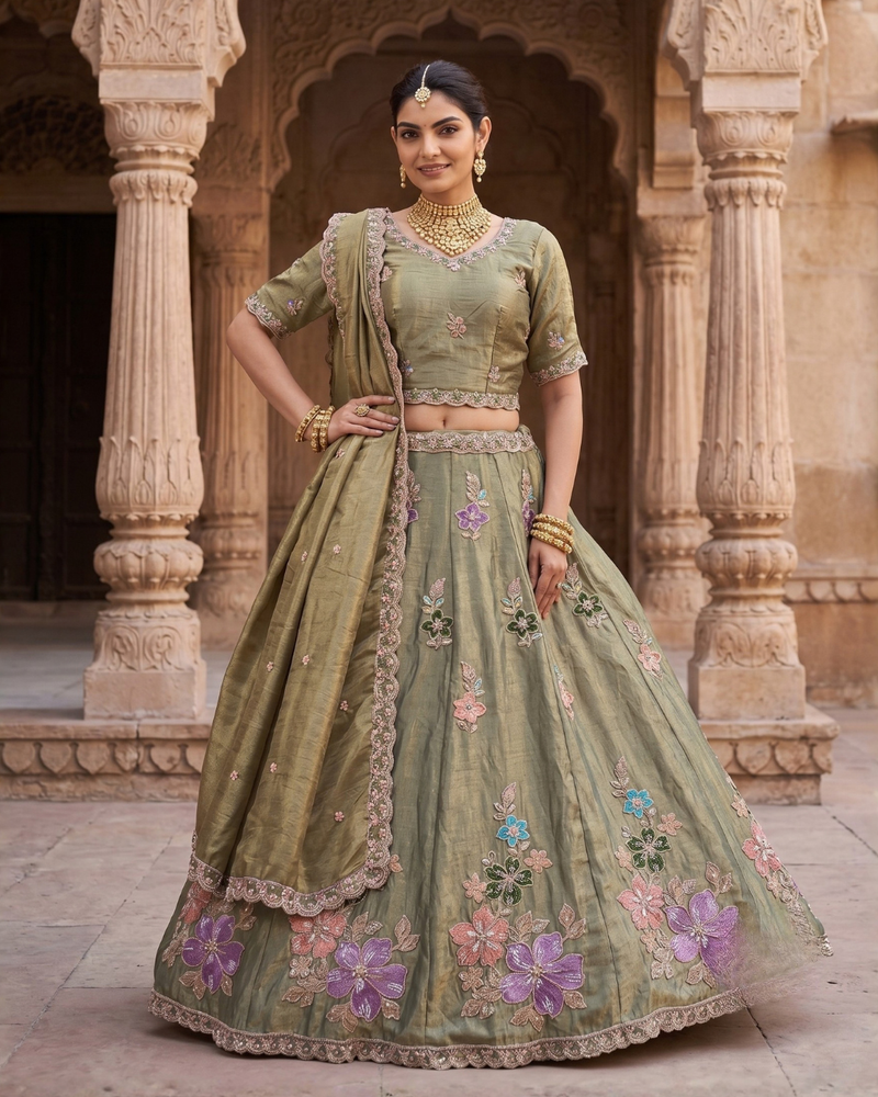 Olive Green Festive Sindoor Satin Lehenga Choli with Embroidery