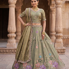 Olive Green Festive Sindoor Satin Lehenga Choli with Embroidery