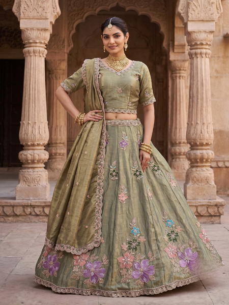 Olive Green Festive Sindoor Satin Lehenga Choli with Embroidery