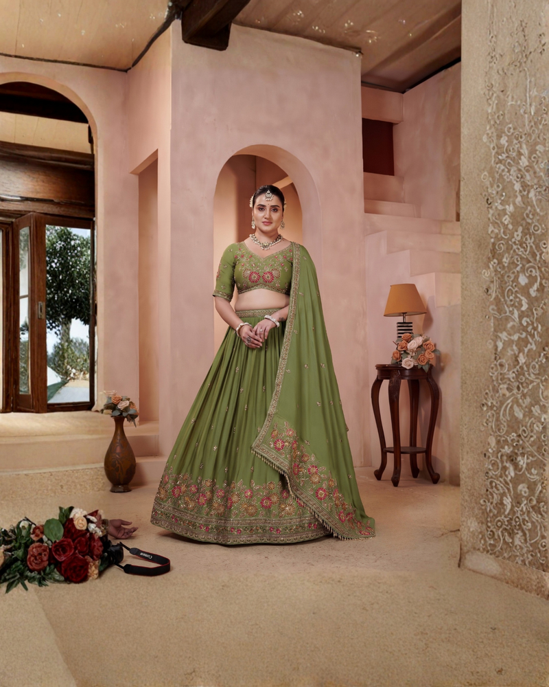 Olive Green Silk Traditional Lehenga Set