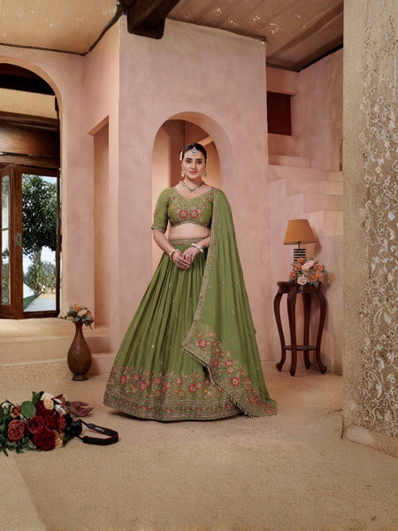 Olive Green Silk Traditional Lehenga Set