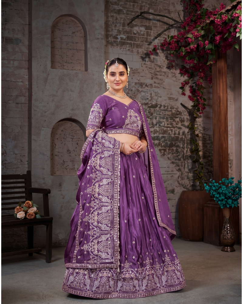 Purple HO Silk Festive Embroidered Lehenga
