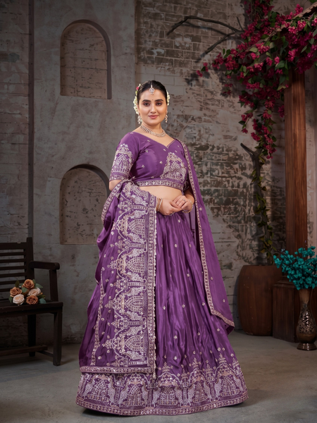 Purple HO Silk Festive Embroidered Lehenga