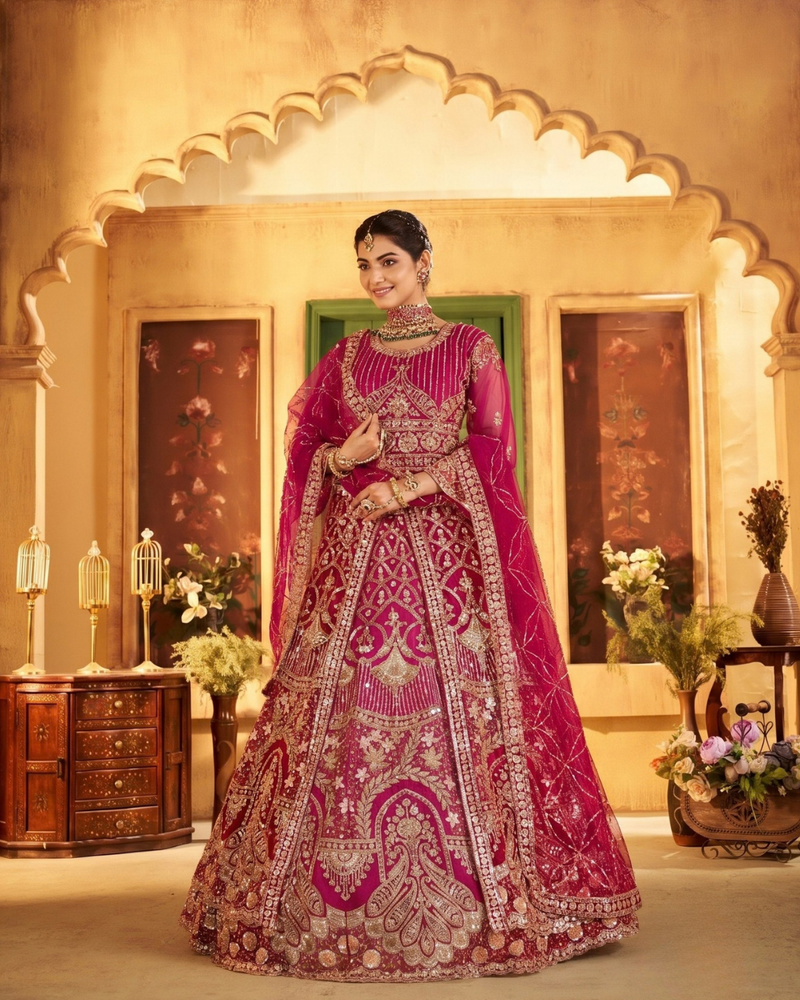 Rani Traditional Sindoor Satin Embroidered Lehenga Set