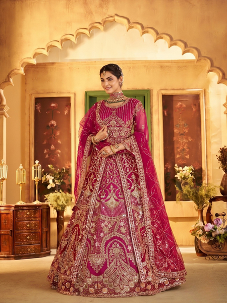 Rani Traditional Sindoor Satin Embroidered Lehenga Set