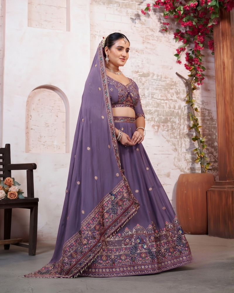 Purple Silk Crush Ethnic Embroidered Lehenga Choli