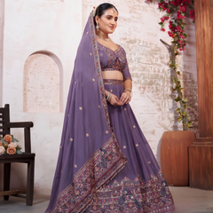 Purple Silk Crush Ethnic Embroidered Lehenga Choli