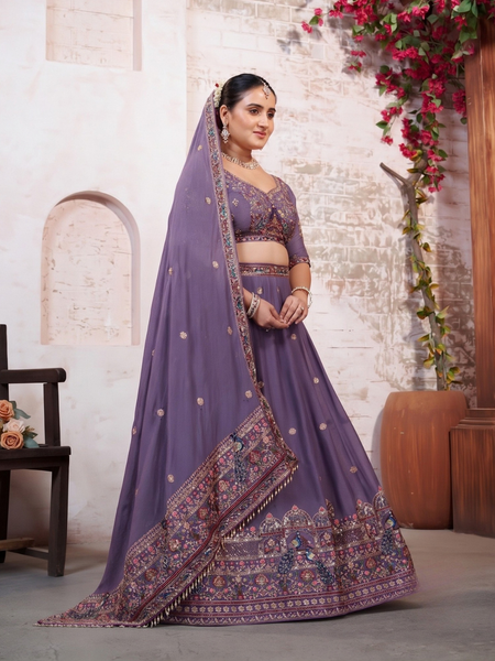 Purple Silk Crush Ethnic Embroidered Lehenga Choli