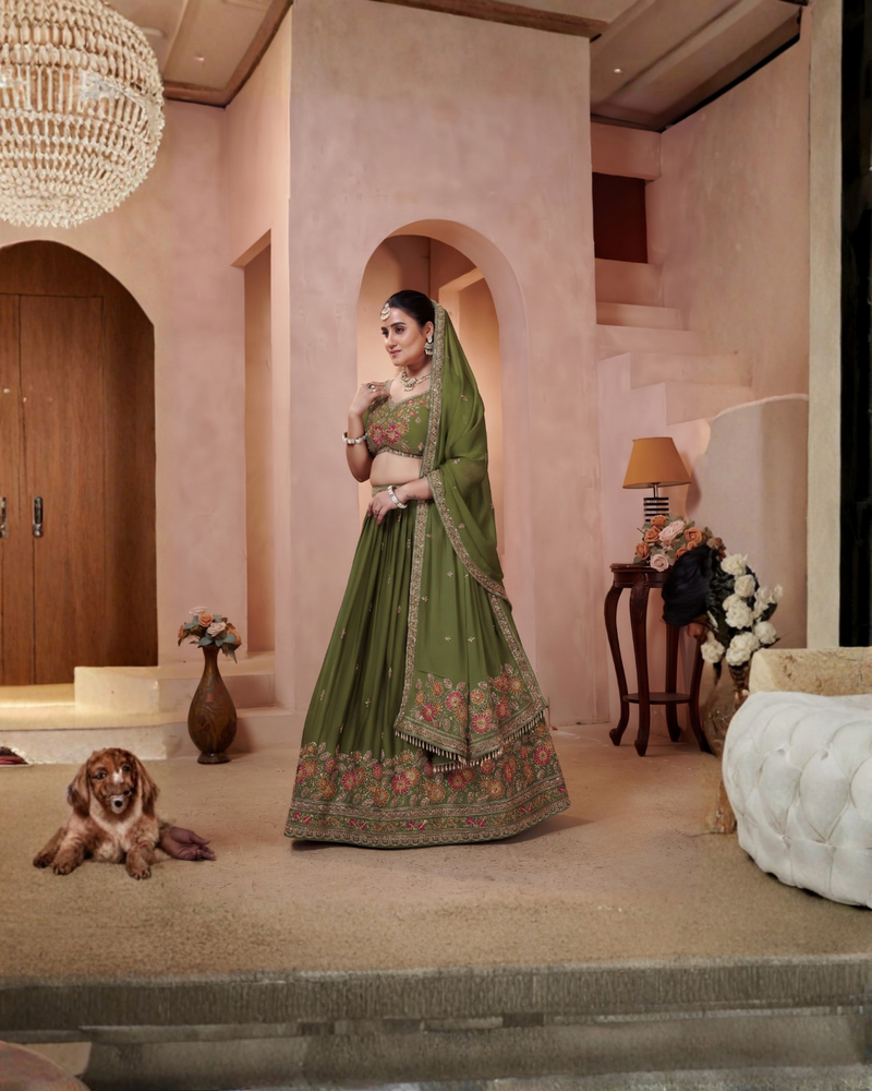 Olive Green Silk Traditional Lehenga Set