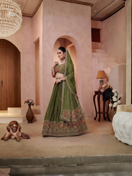 Olive Green Silk Traditional Lehenga Set