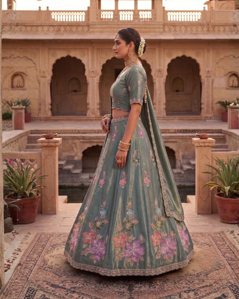 Olive Green Festive Sindoor Satin Lehenga Choli with Embroidery