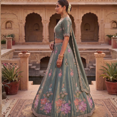 Olive Green Festive Sindoor Satin Lehenga Choli with Embroidery