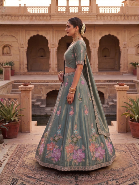 Olive Green Festive Sindoor Satin Lehenga Choli with Embroidery
