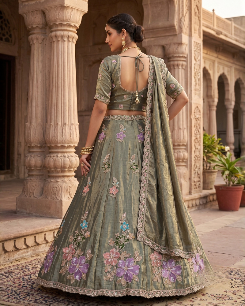 Olive Green Festive Sindoor Satin Lehenga Choli with Embroidery