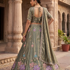 Olive Green Festive Sindoor Satin Lehenga Choli with Embroidery