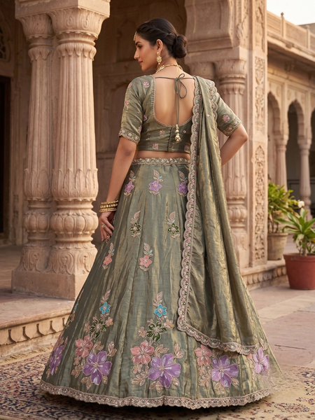 Olive Green Festive Sindoor Satin Lehenga Choli with Embroidery