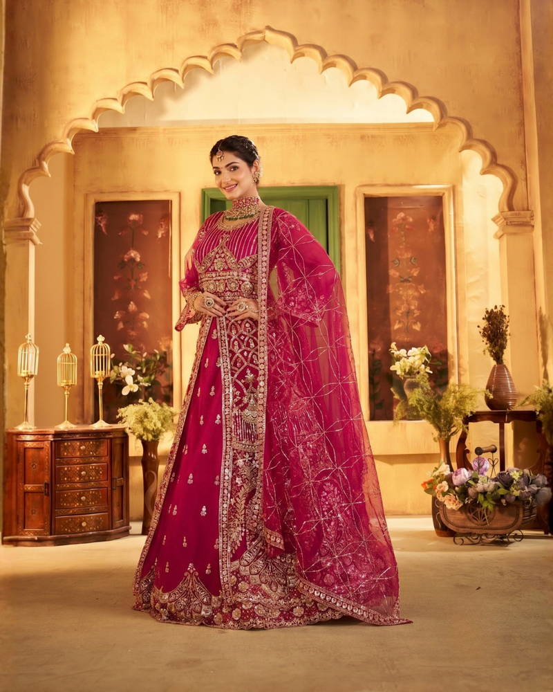 Rani Traditional Sindoor Satin Embroidered Lehenga Set