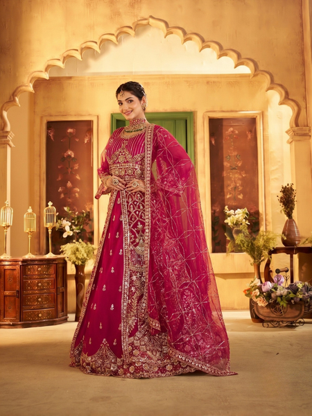 Rani Traditional Sindoor Satin Embroidered Lehenga Set