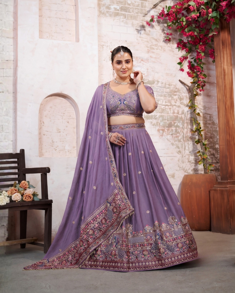 Purple Silk Crush Ethnic Embroidered Lehenga Choli