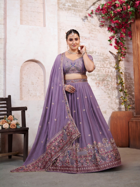 Purple Silk Crush Ethnic Embroidered Lehenga Choli