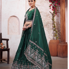 Green Traditional Silk Lehenga Choli with Embroidery