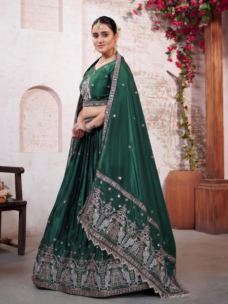 Green Traditional Silk Lehenga Choli with Embroidery