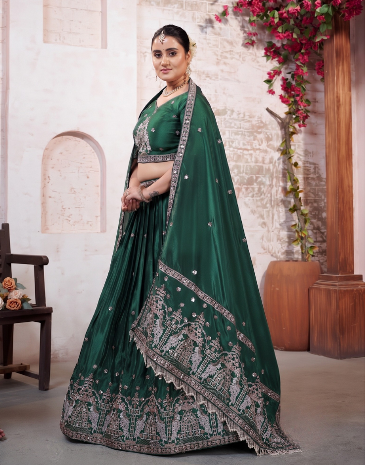 Green Traditional Silk Lehenga Choli with Embroidery