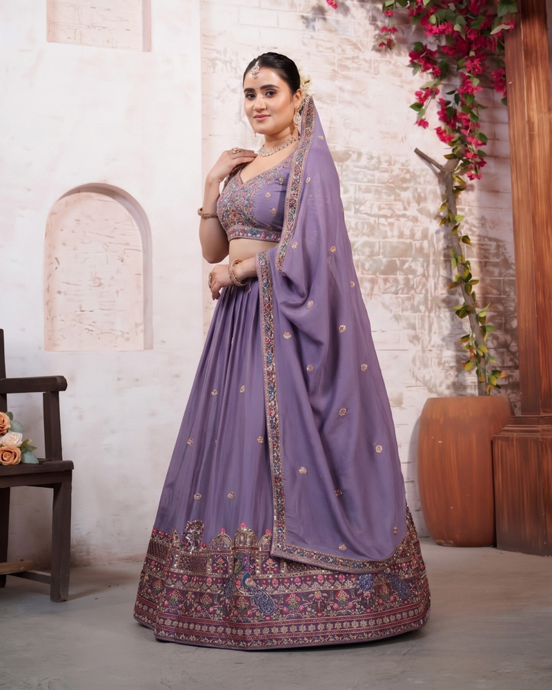 Purple Silk Crush Ethnic Embroidered Lehenga Choli