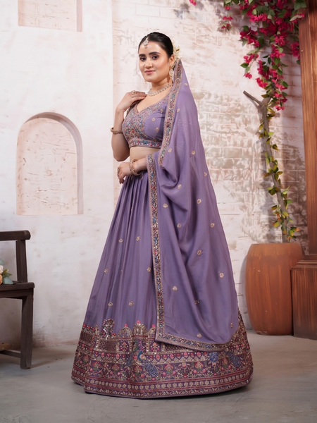 Purple Silk Crush Ethnic Embroidered Lehenga Choli