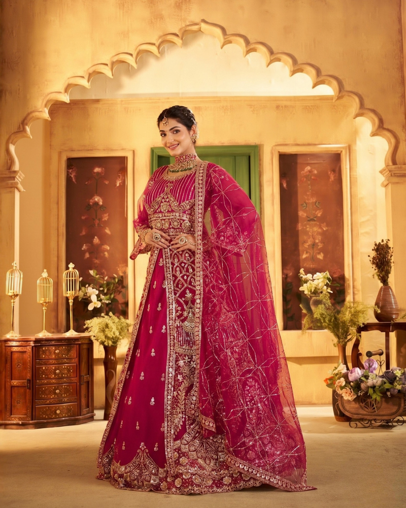 Rani Traditional Sindoor Satin Embroidered Lehenga Set