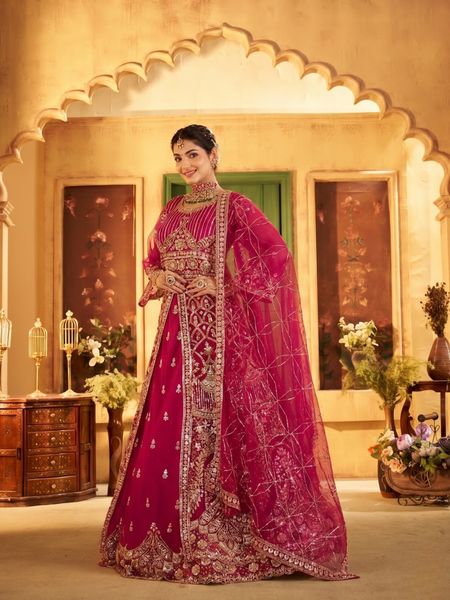 Rani Traditional Sindoor Satin Embroidered Lehenga Set