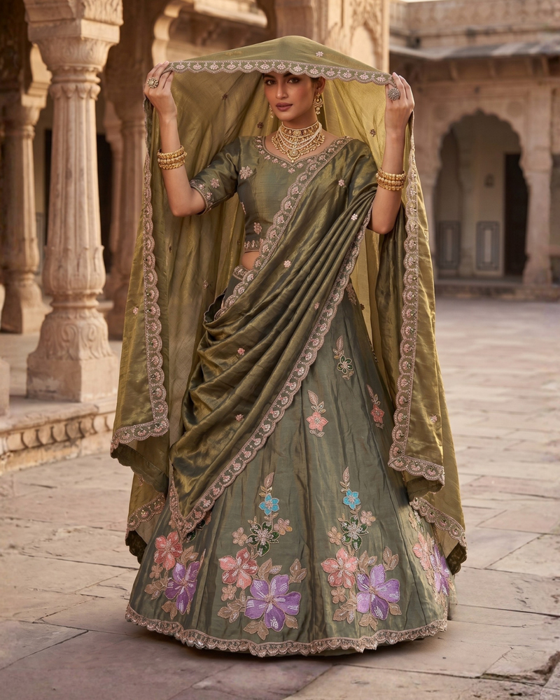 Olive Green Festive Sindoor Satin Lehenga Choli with Embroidery