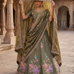 Olive Green Festive Sindoor Satin Lehenga Choli with Embroidery