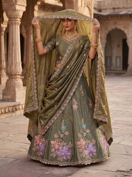 Olive Green Festive Sindoor Satin Lehenga Choli with Embroidery