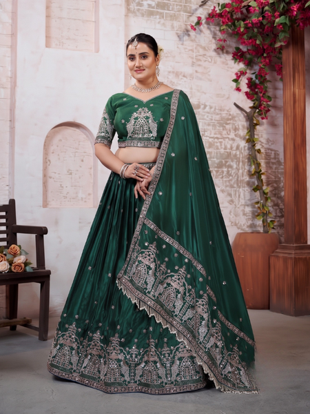 Green Traditional Silk Lehenga Choli with Embroidery