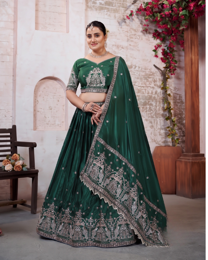 Green Traditional Silk Lehenga Choli with Embroidery